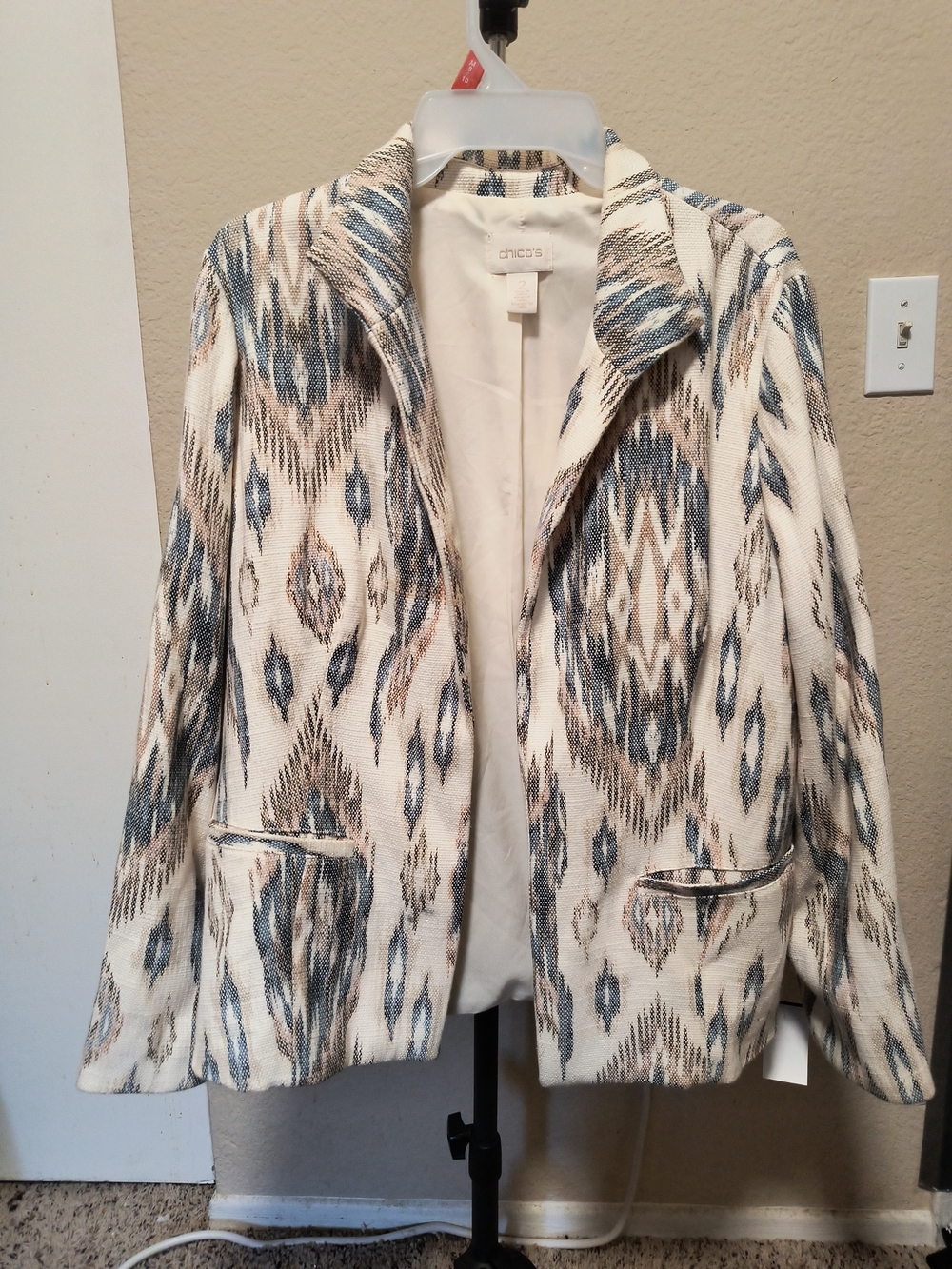 Cream & Blue Patterned Y2K Blazer Cotton Rayon Blend Plus Size